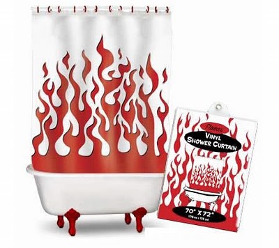 komik duş perdesi, ateş desenli duş perde modeli, marka duş perdesi örneği, kırmızı duş perdesi, farklı banyo perde modeli