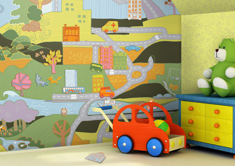 Oyun şehri desenli çocuk odası duvar kağıdı örnekleri