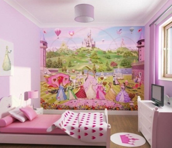 Prenses ve şato desenli çocuk odası duvar kağıdı örnekleri